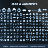 Sci-Fi Gear & Equipment Vol.2 Head & Augments category showing tactical helmets, HUD visors, cybernetic skull implants, neural headsets and eye augmentation icons