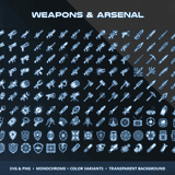 Sci-Fi Gear & Equipment Vol.2 Weapons & Arsenal category showing plasma rifles, blaster pistols, energy swords, grenades, mines, shields and ordnance icons