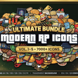 Modern RP Icons Ultimate Bundle Vol.1–5 cover with 7000+ FiveM inventory icons for food, weapons, drugs, jobs, furniture and loot