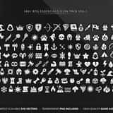 Collection of 140+ flat RPG game icons including loot, potions, equipment, and user interface elements in SVG format.