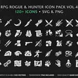 Collection of 120+ flat RPG game icons including daggers, bows, poisons, maps, and survival assets in SVG format.