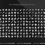 Collection of 160+ vector game icons including melee attacks, magic spells, and status effects.
