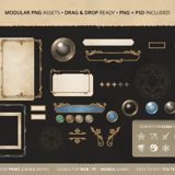 Blank playing card template breakdown featuring drag-and-drop modular PNG assets, empty parchment text boxes, and UI stat icons.