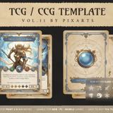 Premium classic RPG fantasy trading card game template UI kit showcasing parchment scroll borders and arcane magic circle card backs.