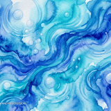 Abstract blue watercolor texture with swirling patterns and translucent water bubbles