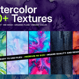 Watercolor 100+ Textures 4K pack cover with vibrant multicolor watercolor samples