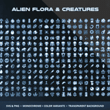 Sci-Fi Survival & Science Vol.4 Alien Flora & Creatures category showing xenoflora plants, bioluminescent organisms, alien mushrooms, creature specimens and extraterrestrial egg icons