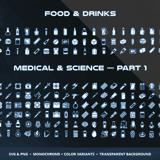 Sci-Fi Survival & Science Vol.4 Food & Drinks and Medical Science category showing synth food pouches, nutrient capsules, nano medkits, stim injectors and antidote icons