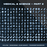 Sci-Fi Survival & Science Vol.4 Medical & Science category showing lab flasks, test tubes, bio samples, enhancement pills, alien compounds and nano vial icons