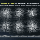 Complete collection grid of all 940+ Sci-Fi Survival & Science inventory icons in 6 color variations – black, white, blue, green, purple and pink – showing food, medical, tools and alien specimens