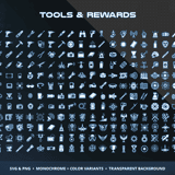 Sci-Fi Survival & Science Vol.4 Tools & Rewards category showing plasma wrenches, hacking devices, tactical scanners, achievement trophies, medals and reward badge icons