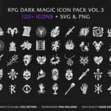 RPG Dark Magic Vol.3 - Collection of 120+ vector game icons, including necromancy skulls, curses, and occult RPG icons in SVG and PNG format