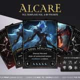 Premium Alcare dark fantasy CCG template UI kit showcasing mystic gold card borders and soulslike RPG layouts.