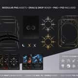 Blank trading card template breakdown showing drag-and-drop modular PNG assets, separated silver frames, and lunar icons.