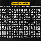 Complete collection grid of all 260+ Survival Resources & Crafting icons showing wood, metal, vehicle parts, building materials and crafting resources