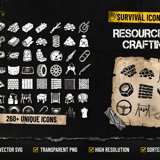 Survival Icons Vol.5 Resources & Crafting cover showing 260+ survival icons including raw materials, vehicle parts, construction materials and crafting resources in SVG and PNG format