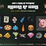 Modern RP Icons Vol.2 Jobs & Crime cover with FiveM inventory icons for drugs, restaurant food, police, EMS, heist and mechanic items on a transparent background