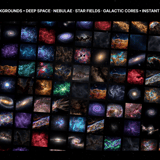 Preview grid of 110+ deep space and nebula backgrounds including star fields, galactic cores and cosmic voids