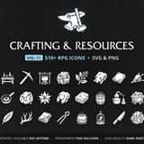 RPG Crafting & Resources Icons Vol.11 – 512 vector game icons: ores, ingots, wood, herbs, gems, monster materials, crafting stations and gathering tools, in SVG and PNG