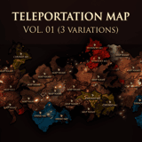 MMORPG teleportation world map PSD template Vol.01 with three visual variations showing Shinsoo, Chunjo and Jinno empire color zones on a dark fantasy atlas