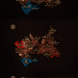 Three variations of the MMORPG teleportation world map PSD template – dark fantasy magma style, desaturated old school style, and realistic textured terrain with Shinsoo, Chunjo and Jinno empire color zones