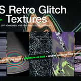 Cover graphic for the 55+ VHS Retro Glitch 4K Textures pack, displaying a collage of analog noise, CRT scanlines, and colorful VCR tracking distortions on a dark background.