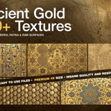 Cover graphic for the 130+ Ancient Gold 4K Textures pack, showcasing a rich collage of ornate Egyptian hieroglyphs, hammered metal, mandala patterns, and dragon scales.