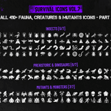 Complete collection grid part 3 of Survival Fauna, Creatures & Mutants icons showing insects, prehistoric dinosaurs, mutants and monsters
