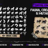Survival Icons Vol.7 Fauna, Creatures & Mutants cover showing 410+ survival icons including wildlife, marine animals, insects and mutant creatures in SVG and PNG format