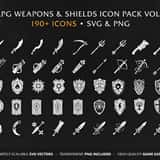 RPG Weapons & Shields Vol.8 - Collection of 190+ vector game icons, including swords, battle axes, and heraldic shields in SVG and PNG format