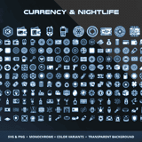 Sci-Fi Economy & Tech Vol.3 Currency & Nightlife category showing credit chips, crypto coins, casino tokens, holographic playing cards, neon cocktails and VIP pass icons