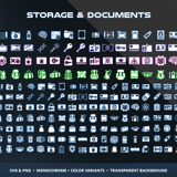 Sci-Fi Economy & Tech Vol.3 Storage & Documents category showing encrypted keycards, biometric badges, data drives, secure lockboxes, tactical backpacks and access terminal icons