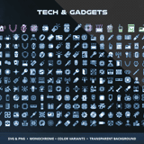 Sci-Fi Economy & Tech Vol.3 Tech & Gadgets category showing neural scanners, holo tablets, signal jammers, recon drones, communication devices and personal AI gadget icons