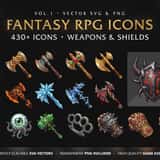 Fantasy RPG Icons Vol.1 cover showing 430+ weapons and shields including axes, crossbows, magic staves, shields and brawling items in painterly SVG and PNG format