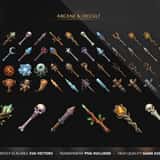 Fantasy RPG icon collection – Arcane & Occult category showing magic staves, wizard wands, crystal balls, voodoo dolls and necromancer items