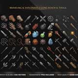 Fantasy RPG icon collection – Brawling & Explosives category showing brass knuckles, gauntlets, bombs, grenades, whips and polearms