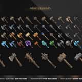 Fantasy RPG icon collection – Heavy Crushers category showing battle axes, war hammers, maces and elemental weapon variants