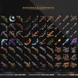 Fantasy RPG icon collection – Marksman & Gunpowder category showing bows, crossbows, flintlock pistols, rifles and siege weapons