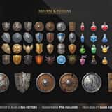 Fantasy RPG icon collection – Defense & Potions category showing round, kite and tower shields plus health, mana and stamina potion vials