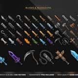 Fantasy RPG icon collection – Blades & Bludgeons category showing swords, scythes, crystal blades and magic weapons in painterly SVG style