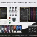 Blank trading card template breakdown showing drag-and-drop modular PNG assets, separated gold frames, and ink backgrounds.