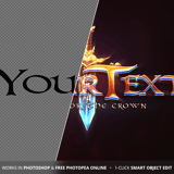 Before and after comparison of the Zaneris free oriental fantasy MMORPG game logo PSD template – from plain text to fully rendered gold and blue magic sword logo with oriental calligraphy