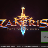 Zaneris free oriental fantasy MMORPG game logo template with gold and blue metallic text effect, magic sword centerpiece and oriental calligraphy background