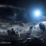 Space asteroids overlay — wide asteroid field with bright blue star light and scattered rocky debris in deep space