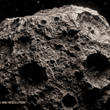 Space asteroids overlay — close-up of a large crater-covered asteroid surface with detailed rocky texture