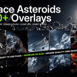 Space Asteroids Overlays pack cover — 100+ overlay images with asteroid fields, debris clouds, close-ups and comet rocks, up to 5K