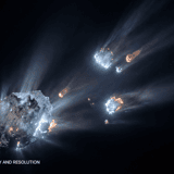 Space asteroids overlay — glowing illuminated asteroids drifting through dark space with light scatter