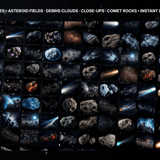 Grid preview of 100+ Space Asteroids Overlays — asteroid belts, debris fields and close-up rocks up to 5K