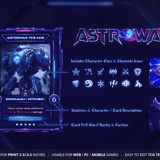 Detailed breakdown of a futuristic card UI kit, featuring sci-fi layout elements, rarity stats, faction tags, and modular PNG icons.