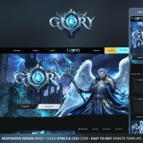 Glory celestial MMORPG game website template – icy blue silver 9-page layout with marketplace and dashboard